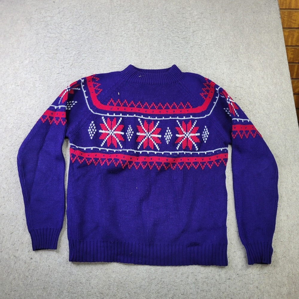 Vintage JC Penny Sweater Mens L Blue Winter Pullover Thick Knit Ribbed Diamond